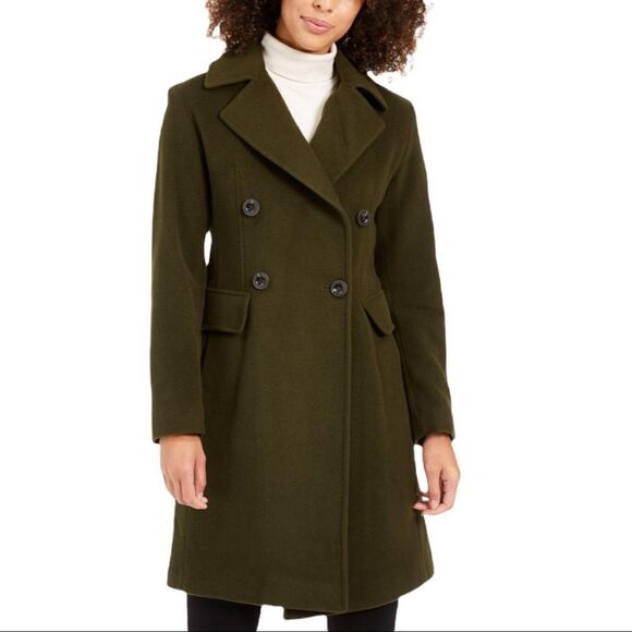 Anne Klein Dark Olive Double-Breasted Wool Cashmere Blend Coat Size 4 NWT - Picture 1 of 9